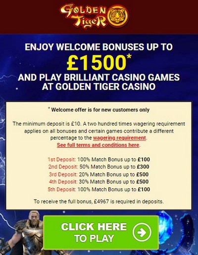 Welcome Bonus $1,500 from Golden Tiger Casino