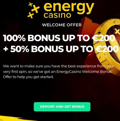 Welcome Bonus 100% up to €200 from Energy Casino