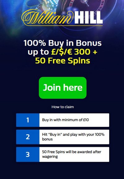 William Hill Casino: Up to £300 + 50 Free Spins First Deposit Bonus